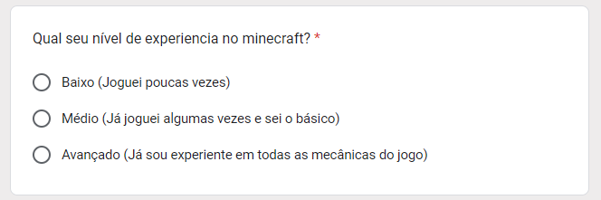 Pergunta 1 questionário: Qual seu nível de experiencia no minecraft?