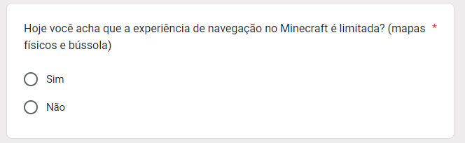 Pergunta 2 questionário: Hoje você acha que a experiência de navegação no Minecraft é limitada? (mapas físicos e bússola)?