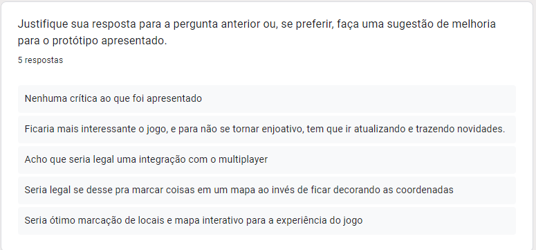 Respostas 4 questionário: Justifique sua resposta para a pergunta anterior ou, se preferir, faça uma sugestão de melhoria para o protótipo apresentado.